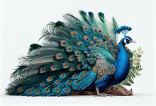 Detailed Full-body Illustration Of A Proud Peacock Fanning Its Train Feathers On Display Isolated On A White Background, Generative Ai