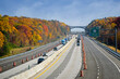 The Ohio Turnpike below a landmark overpass above the Cuyahoga Valley amid vivid autumn colors