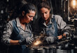 © ADDICTIVE STOCK - Generative AI image of focused female workers in apron uniform gloves looking down and working together while doing welding on equipment in dark workshop with lamp