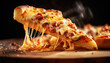 Slice of hot large cheesy pizza crust topping with sausage meat sauce ham bell pepper vegetables and ham on wooden board with smoke melting cheese. Delicious tasty Italian food concept. Generative AI