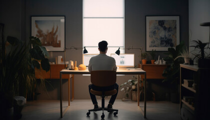 Black man sitting back to work with laptop on table in nice room decorated with plants, workplace for freelancers, new working lifestyle, work at home concept