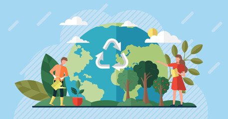 Wall Mural - green planet with recycle symbol, tiny persons take care of earth, save nature, clean ecology concep