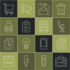 Poster - set line picture landscape, file document, office chair, floppy disk, to list or planning, glue, sho