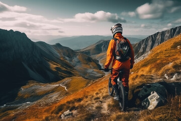 Biker on a mountain trail, waiting to go downhill while surrounded by a stunning landscape. Ai generated