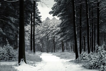 Wall Mural - serene winter path through snowy woods in black and white. Generative AI