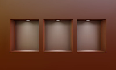 Three empty niches or shelves on brown wall with led spotlight 3D mockup. Shop, gallery showcase to present product. Blank retail storage space. Interior design furniture. Living room bookshelf