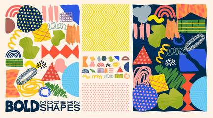 A collection of bold and playful collage cut out shapes, textures and patterns. Layout vector illustration.