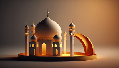 Islamic holiday Ramadan kareem event background, decorate with Arabic lantern, moon, crescent, and mosque dome, festive greeting card design, Eid Mubarak scene, with Generative AI.