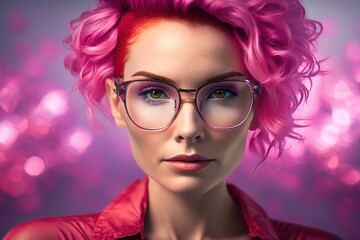 Wall Mural - Portrait of a woman in glasses with bright pink hair. girl with bright hair. fashion portrait. Bright eye makeup.generative ai