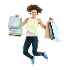 Shopping bags, jump and portrait of a happy woman with energy after a discount, sale or promotion. Smile, excited and a female model with a bag jumping isolated on a transparent png background