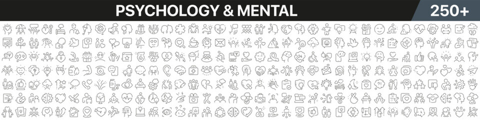 Aufkleber - Psychology and mental linear icons collection. Big set of more 250 thin line icons in black. Psychology and mental black icons. Vector illustration