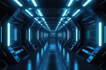 Wall Mural - Futuristic Sci-Fi Tunnel with Neon Lights and Reflective Floors generative ai illustration