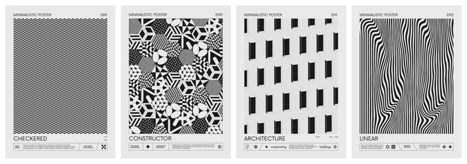 Abstract modern geometric vector Minimalistic Posters with simple shapes in black and white and silhouette of basic geometric figures, composition graphic design, set 23
