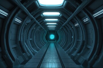 Wall Mural - Futuristic Sci-Fi Tunnel with Neon Lights and Reflective Floors generative ai illustration