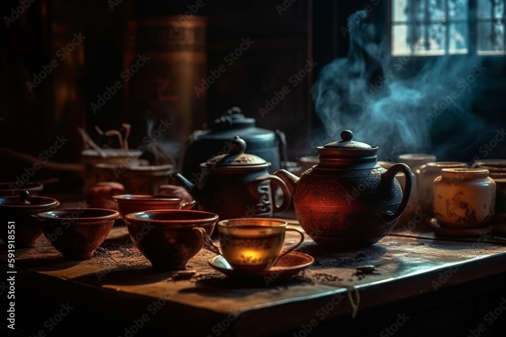 Traditional Chinese tea setup, including a teapot, teacups, and a tray ...