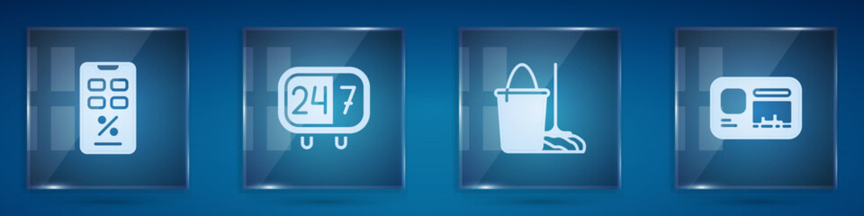 Poster - Set Percent discount and mobile, Clock 24 hours, Mop bucket and Identification badge. Square glass panels. Vector