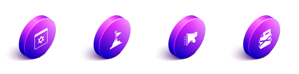 Poster - Set Isometric Browser setting, Mountains with flag on top, Megaphone and Delete file document icon. Vector