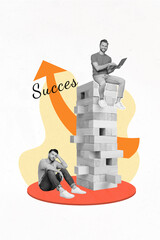 Poster - Vertical collage picture of black white colors guys sad happy sit pile stack jenga bricks use netbook growing upwards success arrow