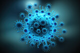 Fototapeta Dmuchawce - Illustration of blue corona viruses on a blue background. Microbiology, contagion, infection, epidemic, coronavirus, medicine, pathology or disease concepts. Generative AI