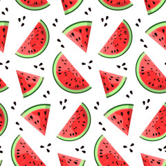 Wall Mural - Watermelon vector seamless pattern. Cut slices and seeds on white background. Best for textile, wallpapers, home decoration, wrapping paper, package and web design.