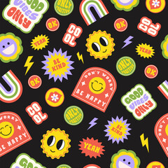 Poster - Trendy colorful cartoon stickers seamless pattern with smiling face and text. Collection of cute funny  icons, positive slogans in style 70, 80s. Vector illustration