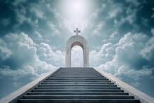 The Gates Of Heaven, With A Grand Staircase Leading Up To An Arch With A Christian Cross And Rays Of Light Shining Down From Above.Ai Generated