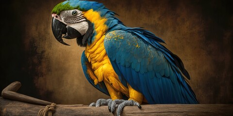 Wall Mural - On a sunny day, a stunning blue and gold macaw from Bolivia perches on a wooden branch. Generative AI