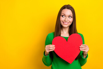 Wall Mural - Portrait of cute cheerful lady hands hold paper heart symbol card look empty space isolated on yellow color background