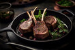 © twindesigner - Juicy lamb chop steak on a black plate, adorned with vegetables and rosemary. Ai generarted