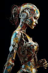 Robot girl isolated on black background. Concept of artificial intelligence and modern fashion. Cyborg woman. Female android. Copy space. Scientific progress. ai generated