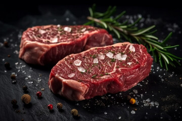 Two mouth-watering pieces of raw steak on a black stone platter, sprinkled with sea salt and garnished with a branch of rosemary. Ai generated