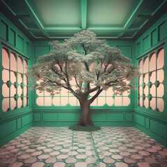 Wall Mural - Generative AI: surreal room with tree,