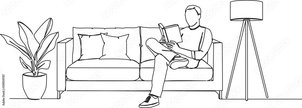 continuous single line drawing of man sitting on sofa reading a book ...