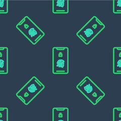 Poster - Line Smartphone with fingerprint scanner icon isolated seamless pattern on blue background. Concept of security, personal access via finger on mobile. Vector