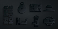 Set London Mail Box, Elegant Women Hat, Robin Hood, Sign, Flag Of Great Britain And Money Bag With Pound Icon. Vector