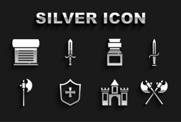 Wall Mural - Set Shield, Dagger, Crossed medieval axes, Castle, fortress, Medieval, Poison in bottle, Decree, parchment, scroll and sword icon. Vector