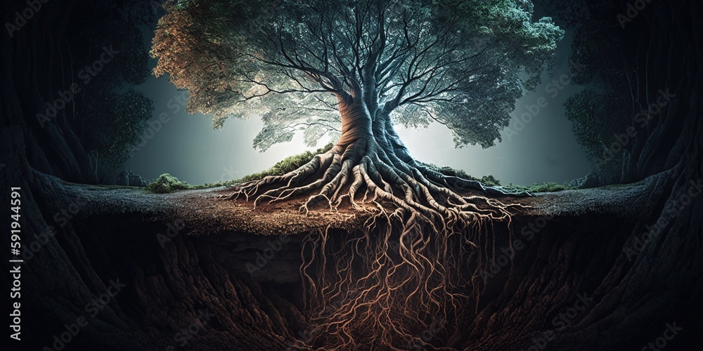 Tree Roots Over Hillside Captivating photograph of a tall tree growing on a hillside in a wooded ...