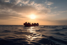 Migrants On Boat In Mediterranean Sea Dramatic Scene