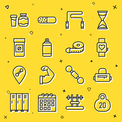 Wall Mural - Set line Kettlebell, Sport bag, Smart watch, Jump rope, Punching, Anabolic drugs, Sports nutrition and Tape measure icon. Vector