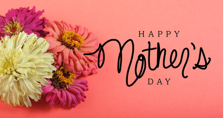 Sticker - Happy mothers day celebration graphic with flowers on pink background by greeting text for holiday.