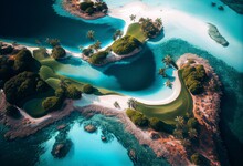 Tropical Island Golf Course Surrounded By A Turquoise Ocean Water Lagoon. Generative AI