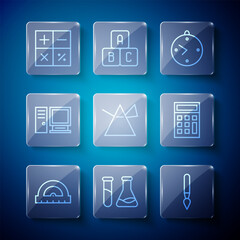 Poster - Set line Protractor, Test tube and flask, Paint brush, Clock, Light rays prism, Computer monitor, Calculator and icon. Vector