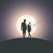 Couple in love walking. Death and afterlife. Flying birds, full moon