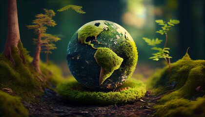 Globe On Moss In Forest Environmental Earth day concept. World Map Green Planet Earth Day or Environment day Concept, Ai generated image