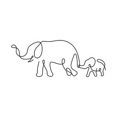 Wall Mural - Vector isolated two walking elephants mother and baby elephant side view one single line colorless black and white contour line easy drawing