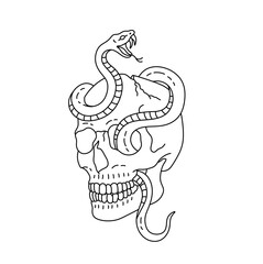 Wall Mural - Vector isolated one single human skull with snake upside colorless black and white contour line easy drawing