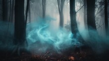  A Blue Smoke Filled Forest With Trees And Leaves In The Foreground And Fog On The Ground In The Foreground, With A Blue Smoke Billowing Substance In The Middle Of The Foreground.  Generative Ai