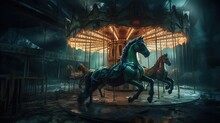  A Merry Go Round With Horses In The Middle Of The Night, And A Carousel In The Background, With Lights Shining On The Ground.  Generative Ai