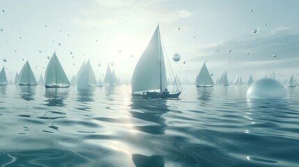 Wall Mural -  a group of sailboats floating on top of a body of water next to an iceberg in the ocean with bubbles floating on the water.  generative ai