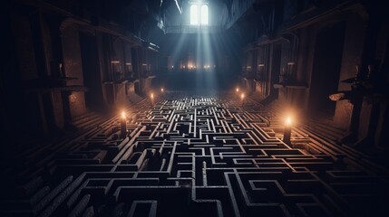 Poster -  a dark room with a maze in the middle of the floor and a light coming from the ceiling above it that is shining down on the floor.  generative ai